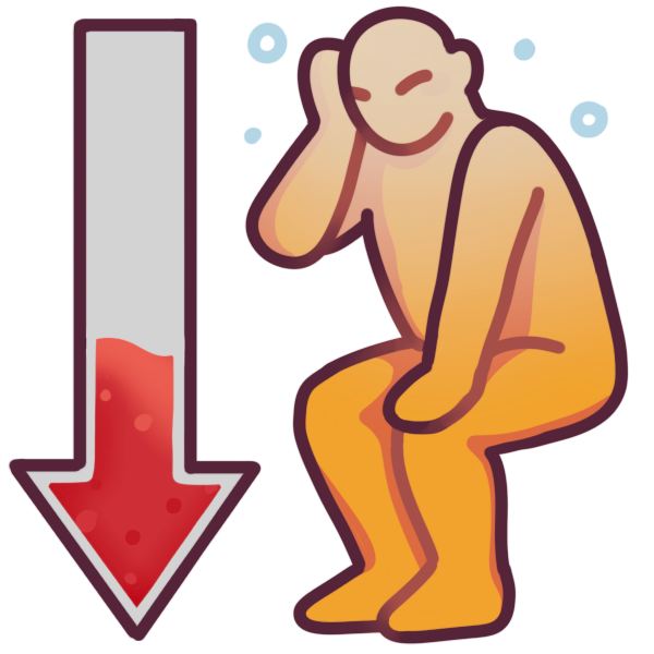 a person sitting down and holding their head, bracing their other hand on one knee. The top of their body is pale, and they have light blue dots and circles around their head. An arrow next to them is designed like a thermometer half filled with red liquid, and points downwards to represent blood pooling.